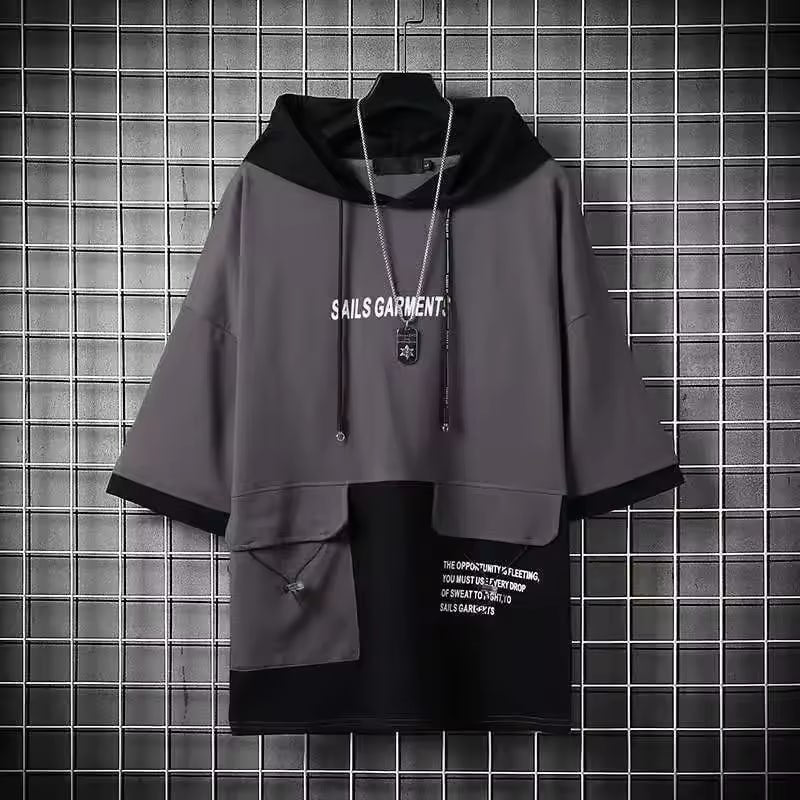 Summer Unisex Short Sleeve Hooded T-shirts Trendy Japanese Style Student Casual Clothes For Men Women