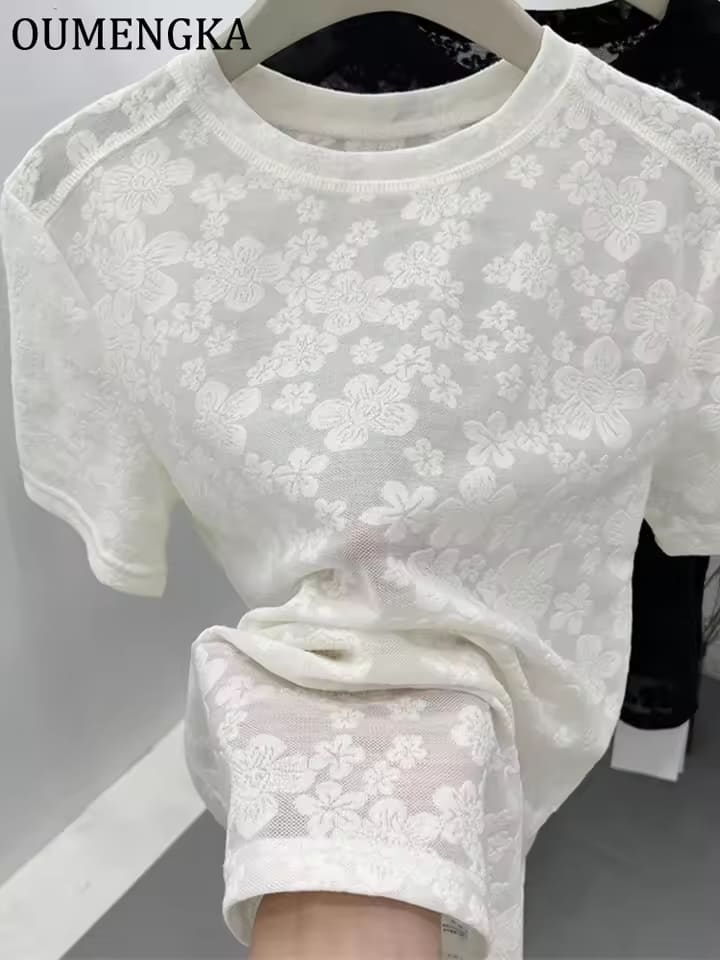 OUMENGKA Lace Hollow Out Crew T Shirts Solid Elegant Casual Flower Embroidery Short Sleeve Tops Women Korea Summer Tees Basic